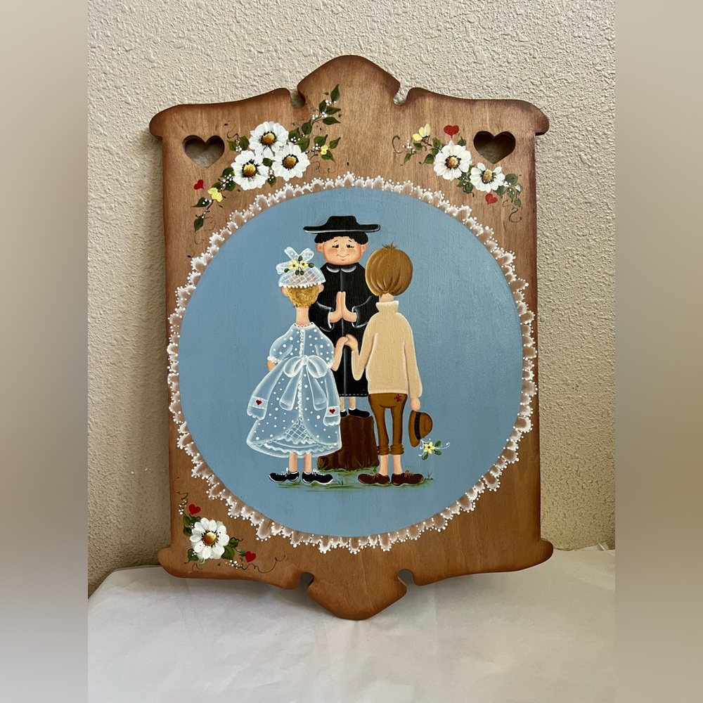 Vintage Hand Painted Folk Art Wedding Plaque Country Wall Decor